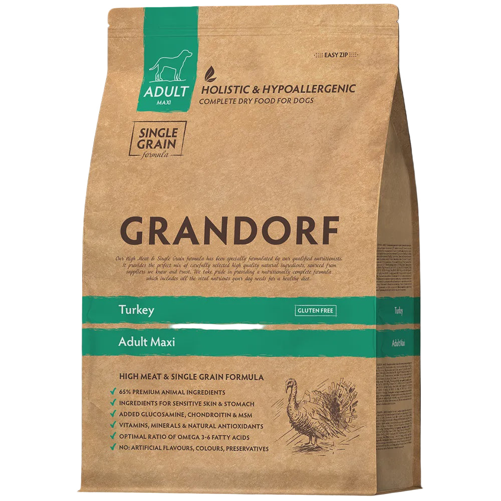 Grandorf dog food for adult maxi breeds made with turkey in a 3 kg bag, suitable for large dogs.