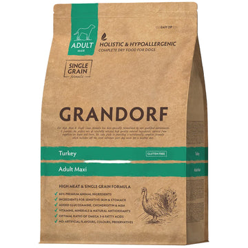 Grandorf dog food for adult maxi breeds made with turkey in a 3 kg bag, suitable for large dogs.
