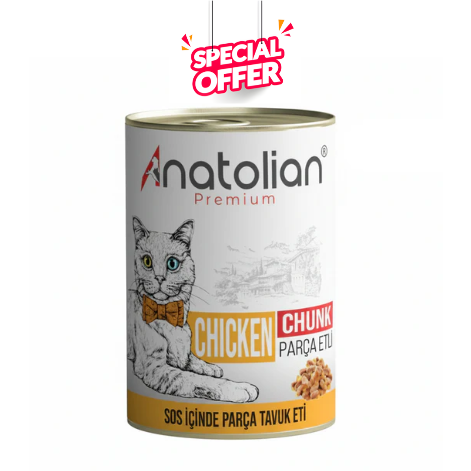Anatolian Pet premium chicken wet cat food in a 400g can, suitable for adult cats, showing the product with chicken chunks inside.