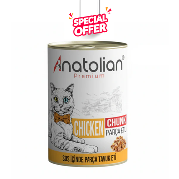 Anatolian Pet premium chicken wet cat food in a 400g can, suitable for adult cats, showing the product with chicken chunks inside.