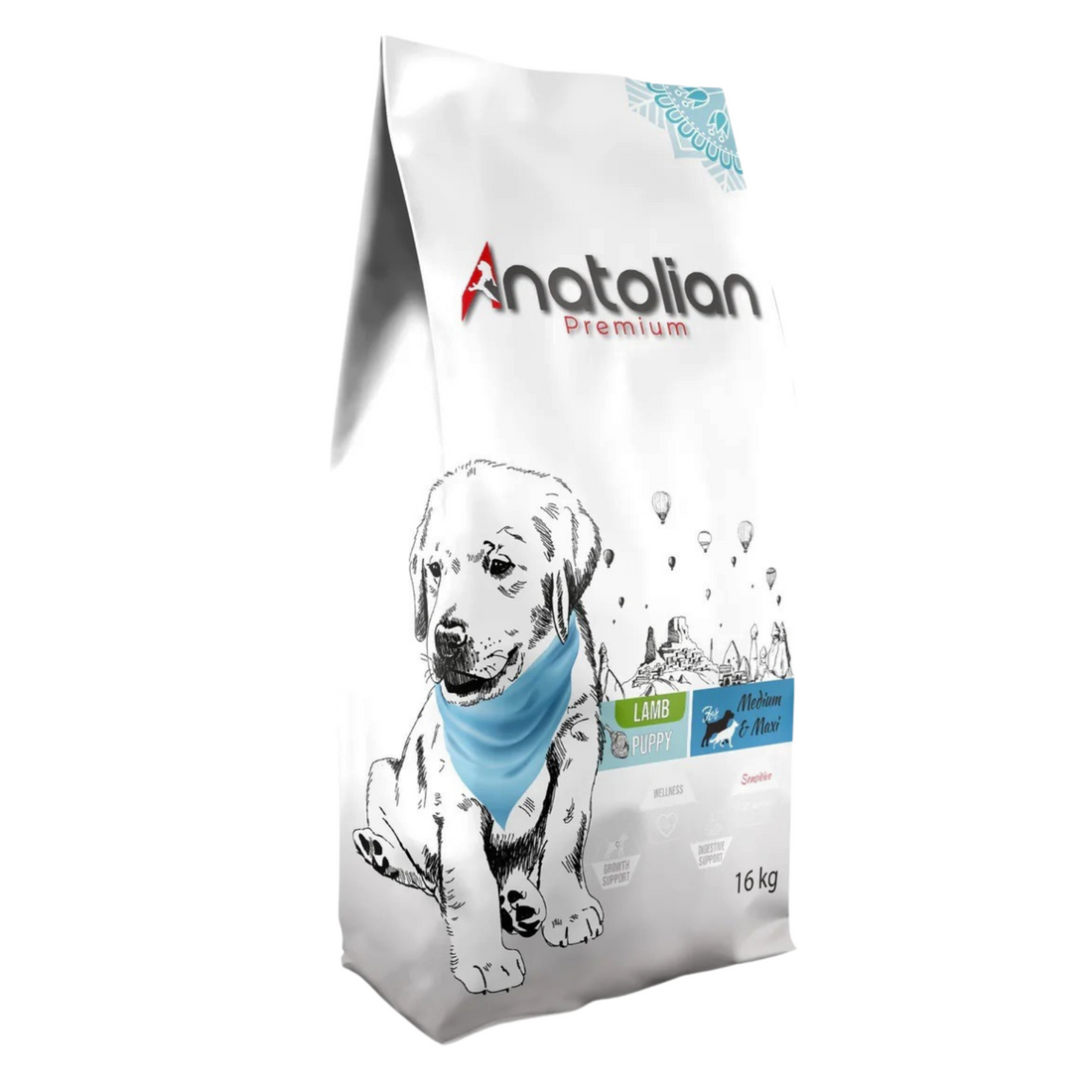 Anatolian Pet premium lamb dog food for puppies in 16 kg bag, high-quality dry dog food with lamb meat for growing puppies.