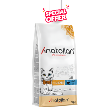 Anatolian Pet premium dry cat food with chicken meat for adult cats, 2 kg bag, showing kibble close-up.
