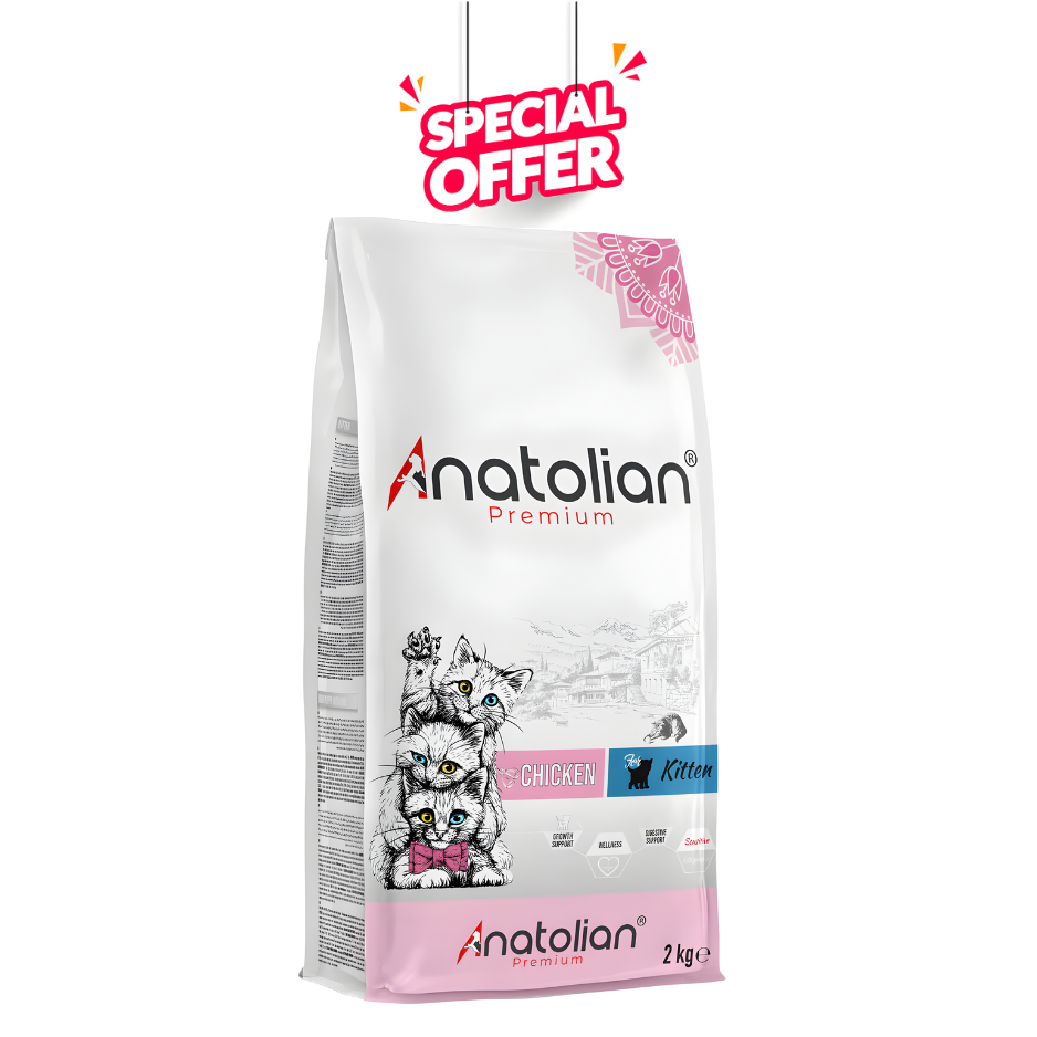 Anatolian Pet premium cat dry food with chicken meat for kittens, 2 kg package, showing kibble in a bowl.