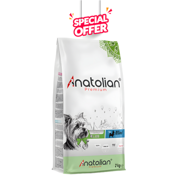 Anatolian Premium Lamb Dog Food for Mini Breed adult dogs, 2 kg bag, showing dry kibble in a natural setting.