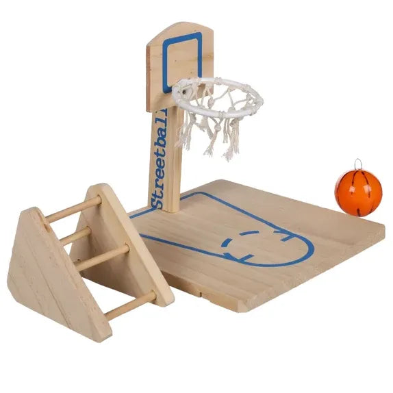 A wooden toy basketball hoop set with a small orange ball, shown on a plain white background. The set includes a wooden base with blue court markings, a hoop and backboard, a climbing ladder, and an orange ball.