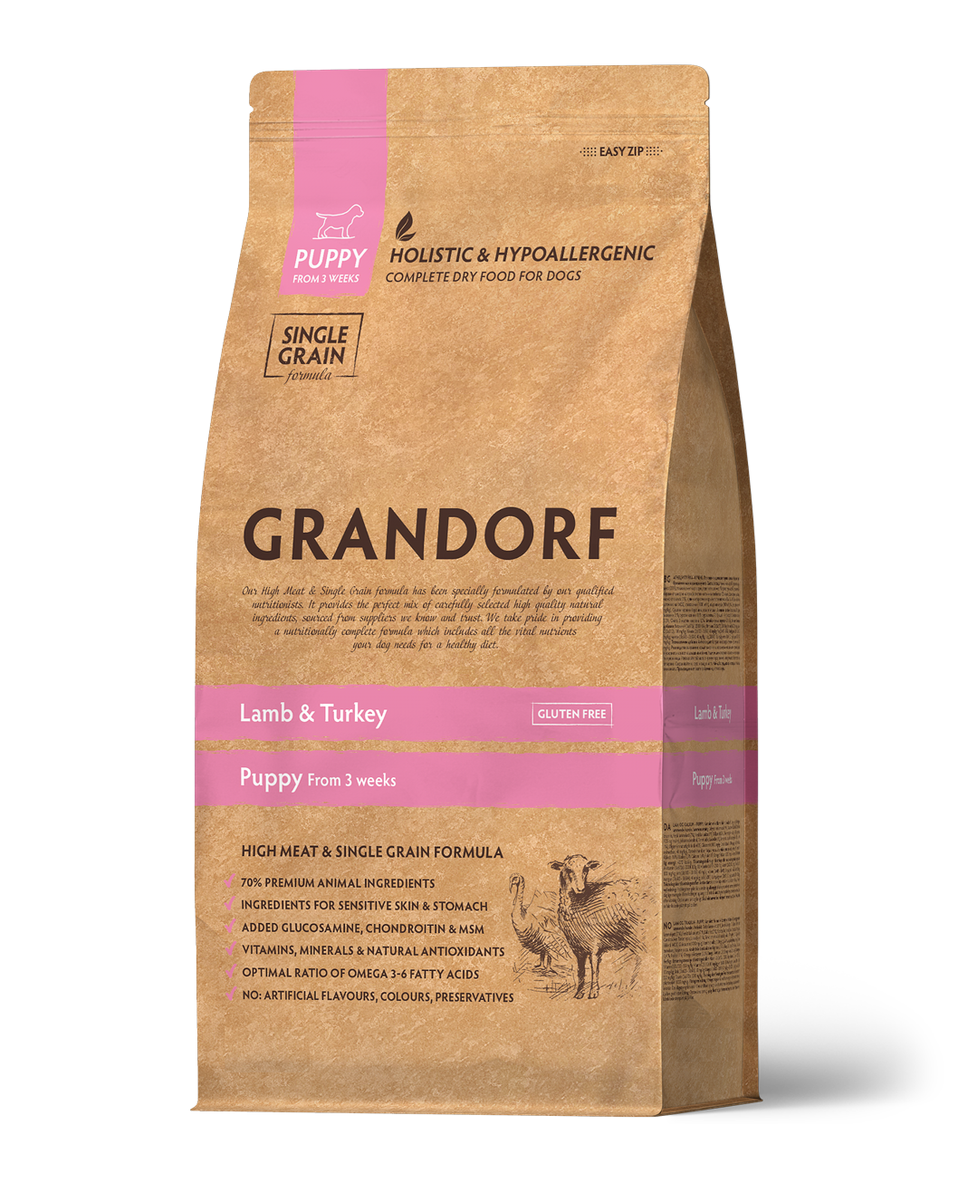 Grandorf Lamb & Turkey Puppy Dog Food 10kg bag with textured kibble for young dogs, featuring natural ingredients and balanced nutrition.