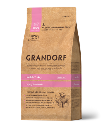 Grandorf Lamb & Turkey Puppy Dog Food 10kg bag with textured kibble for young dogs, featuring natural ingredients and balanced nutrition.