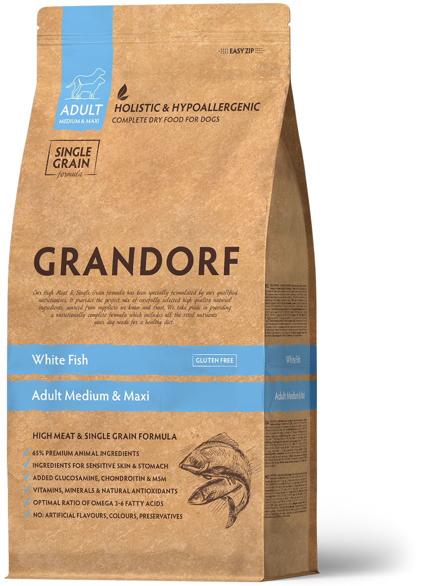 Grandorf White Fish dog food for adult medium and maxi breeds, 3kg bag with image of dry dog food kibble.