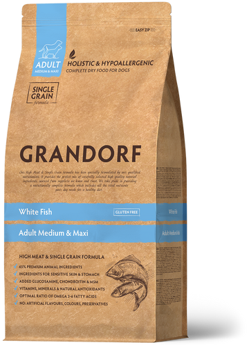 Grandorf White Fish dog food for adult medium and maxi breeds, 3kg bag with image of dry dog food kibble.