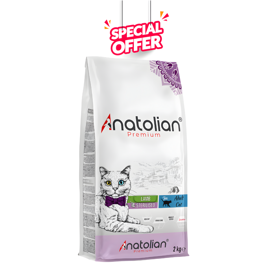 Anatolian Premium Lamb Meat Cat Food for neutered cats, 2 kg, dry cat food in a bag with images of lamb and cat on the packaging.