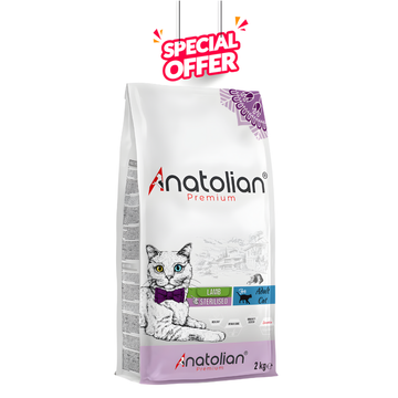 Anatolian Premium Lamb Meat Cat Food for neutered cats, 2 kg, dry cat food in a bag with images of lamb and cat on the packaging.