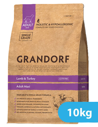Grandorf Lamb and Turkey adult dog food in 10kg bag, suitable for maxi breeds, featuring natural ingredients for healthy digestion.