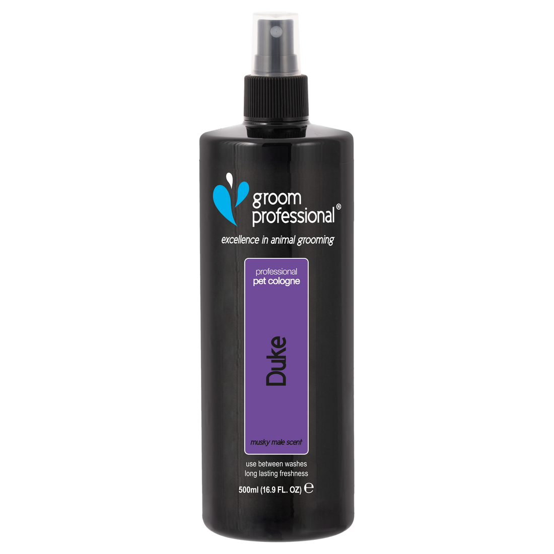 Groom Professional Duke Cologne 500ml grooming spray for pets, with a sleek bottle and professional pet grooming essentials.