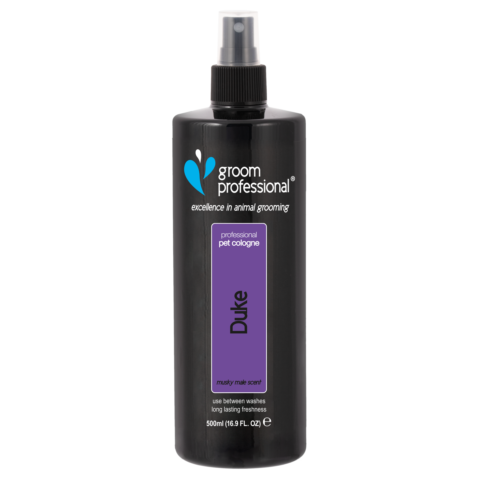 Groom Professional Duke Cologne 500ml grooming spray for pets, with a sleek bottle and professional pet grooming essentials.