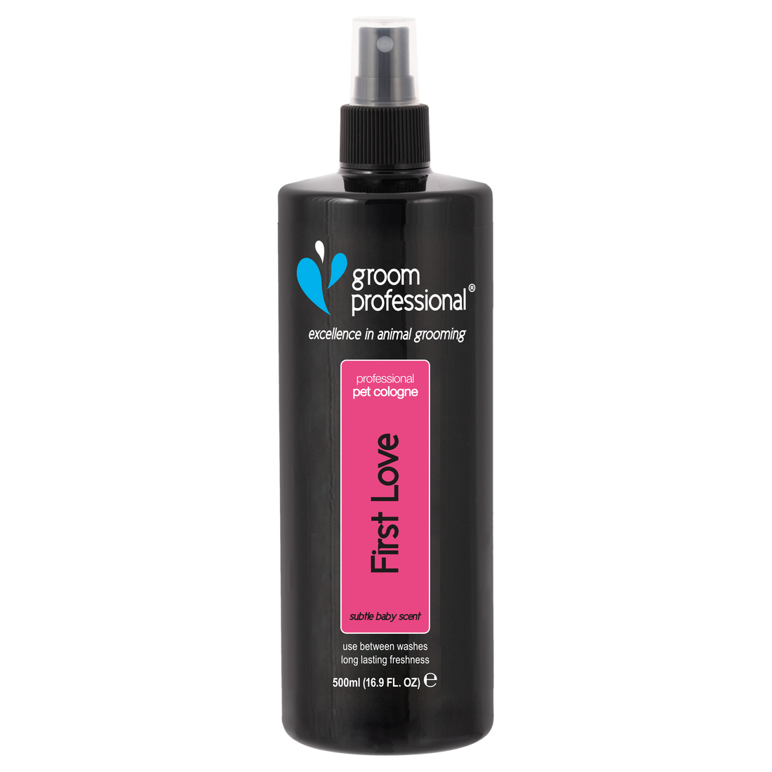 Groom Professional First Love Cologne 500ml grooming product, featuring a sleek bottle with a label for pet grooming and fresh scent