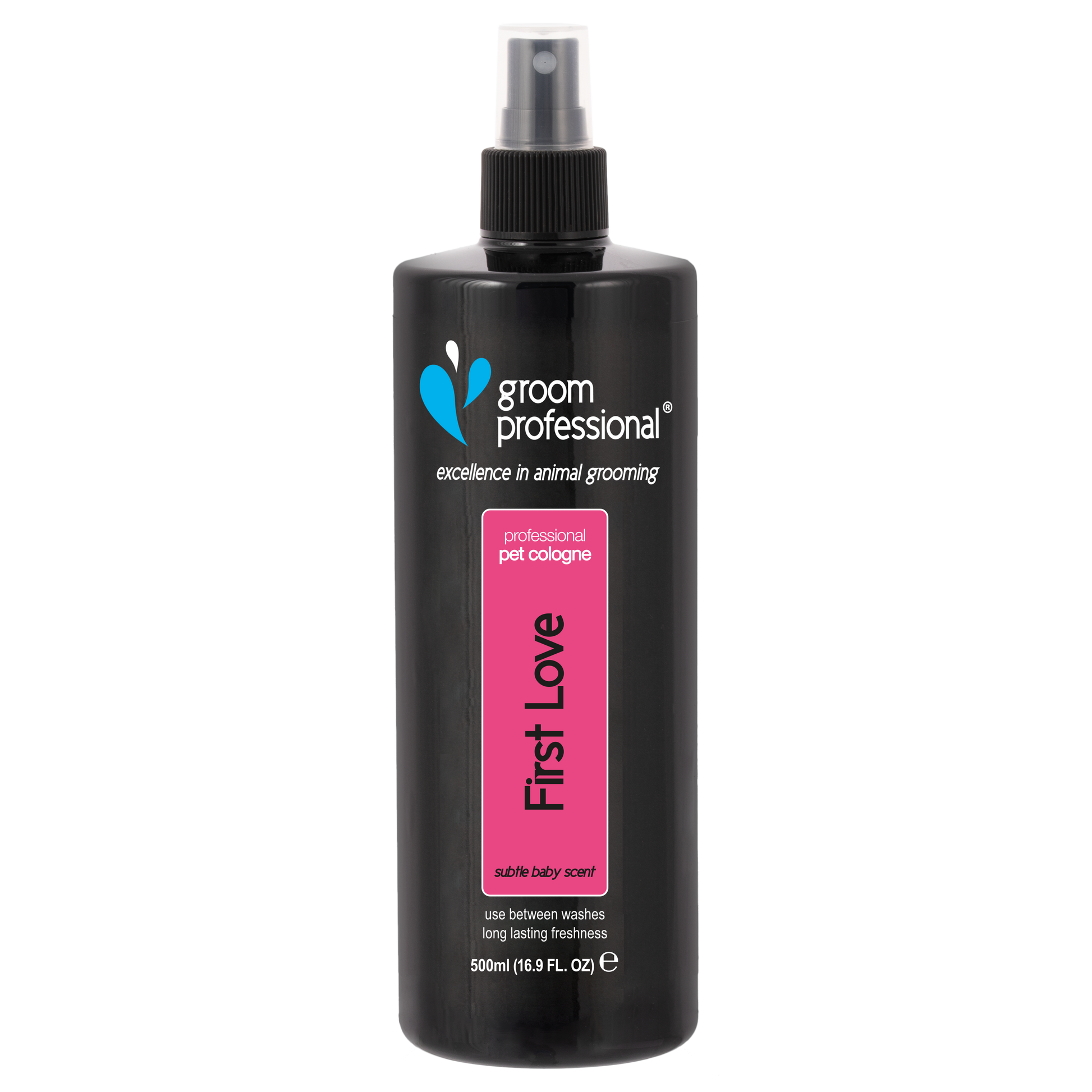 Groom Professional First Love Cologne 500ml grooming product, featuring a sleek bottle with a label for pet grooming and fresh scent
