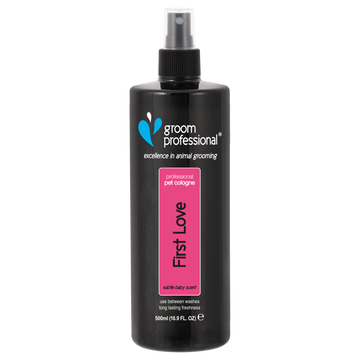 Groom Professional First Love Cologne 500ml grooming product, featuring a sleek bottle with a label for pet grooming and fresh scent