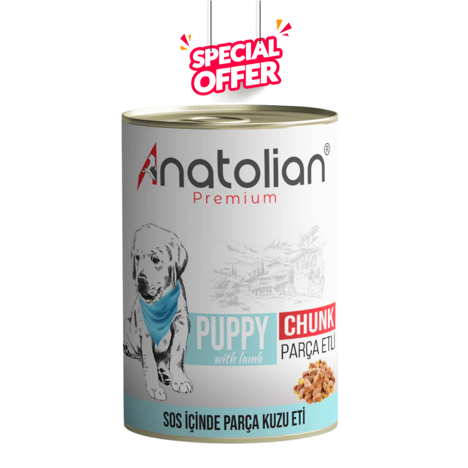 Anatolian Pet Premium Lamb Dog Food for Puppies, 400g chunk wet dog food with tender lamb pieces in gravy.