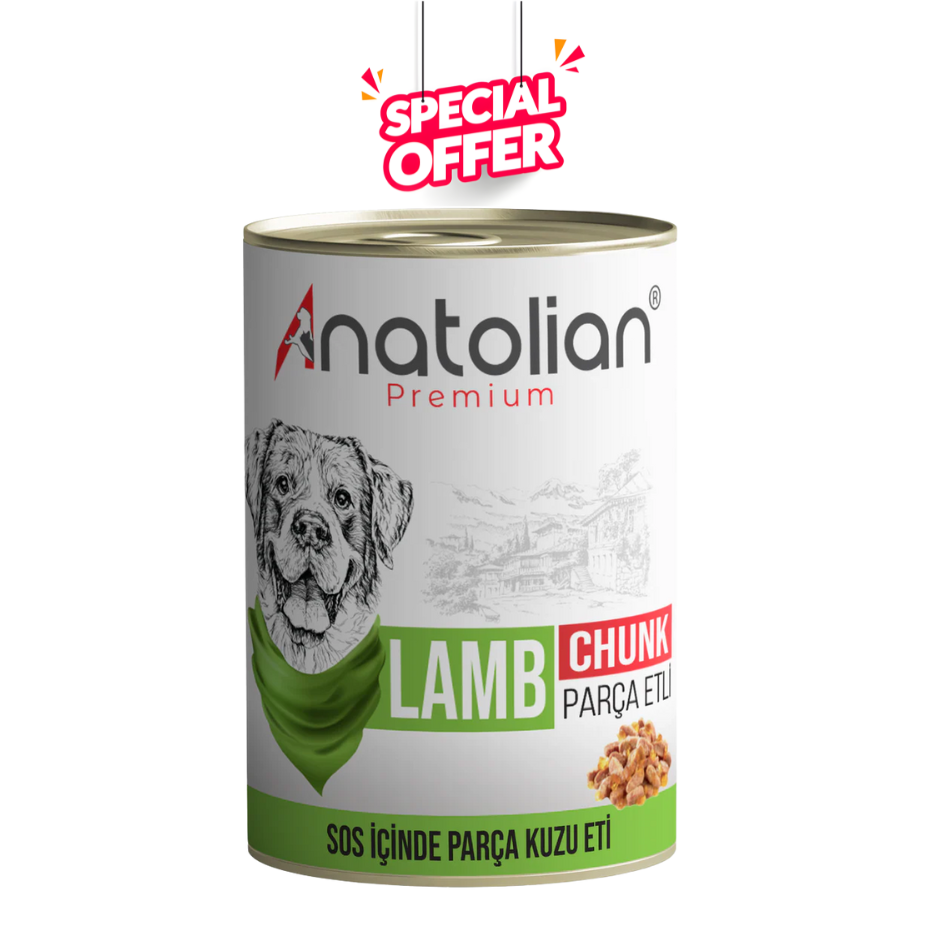 Anatolian Premium Lamb Dog Wet Food for adult dogs in a 400g can, featuring chunks of lamb and nutritious ingredients.