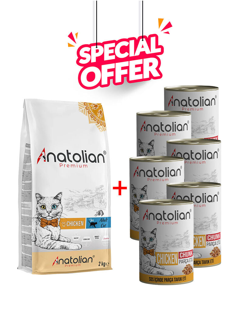 Anatolian Pet chicken cat food pack with 1x2kg dry chicken food and 6x400g chicken wet food cans, fresh and nutritious.