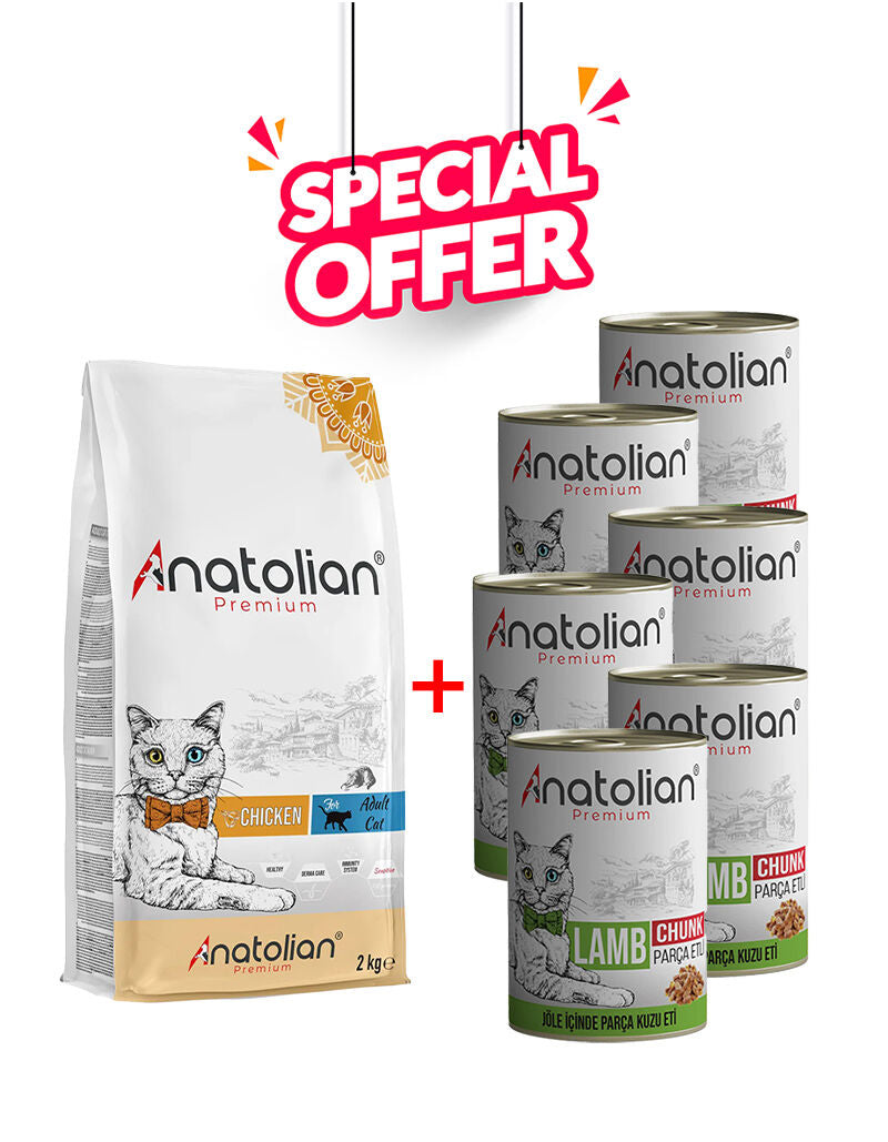 Anatolian Pet chicken and lamb wet cat food, 1x2kg chicken flavor and 6x400g lamb variety in cans or pouches