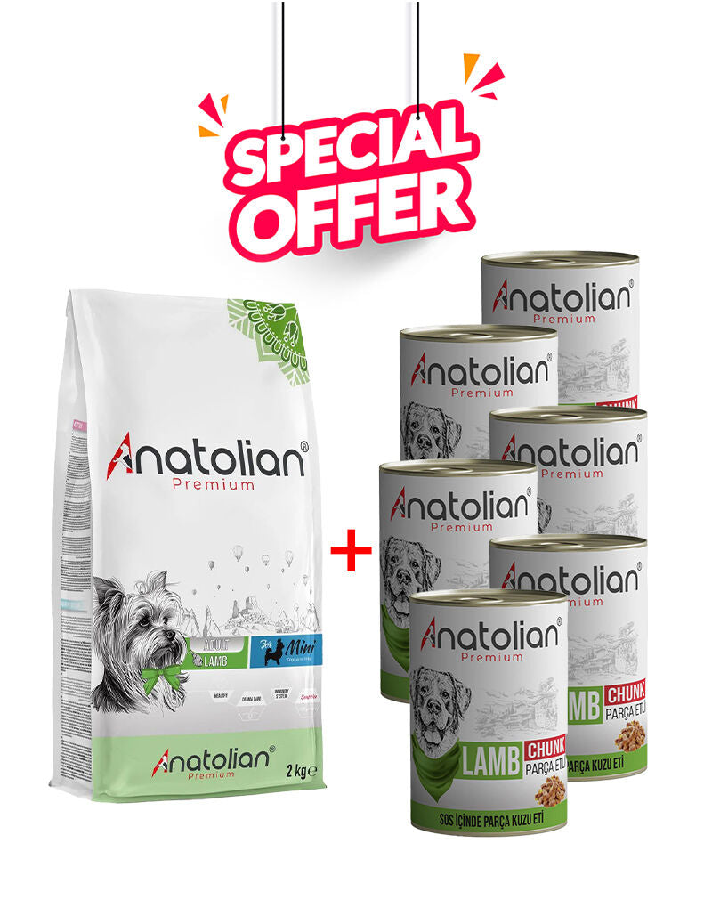 Anatolian Pet lamb dog food, 1x2kg dry lamb kibble and six 400g cans of lamb wet food for dogs, displayed on a white background.