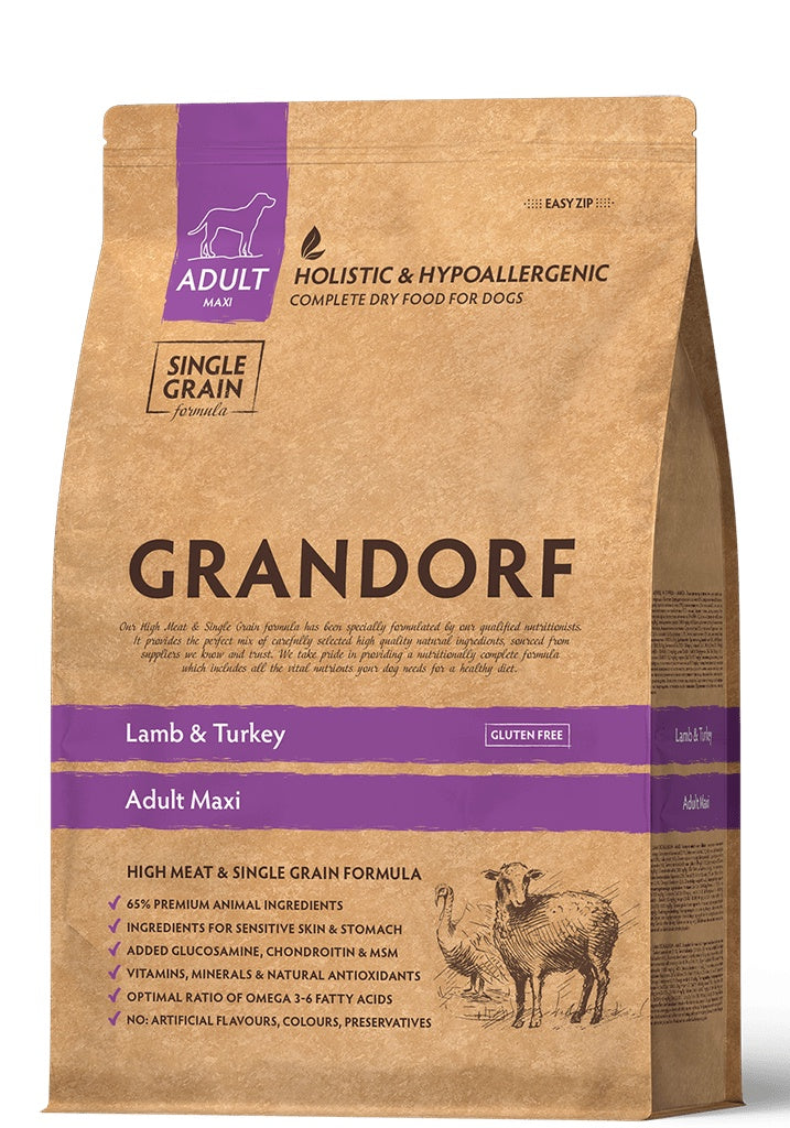 Grandorf Lamb and Turkey adult dog food for maxi breeds, 3kg bag, natural ingredients for healthy large breed dogs.