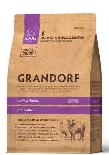 Grandorf Lamb and Turkey adult dog food for maxi breeds, 3kg bag, natural ingredients for healthy large breed dogs.