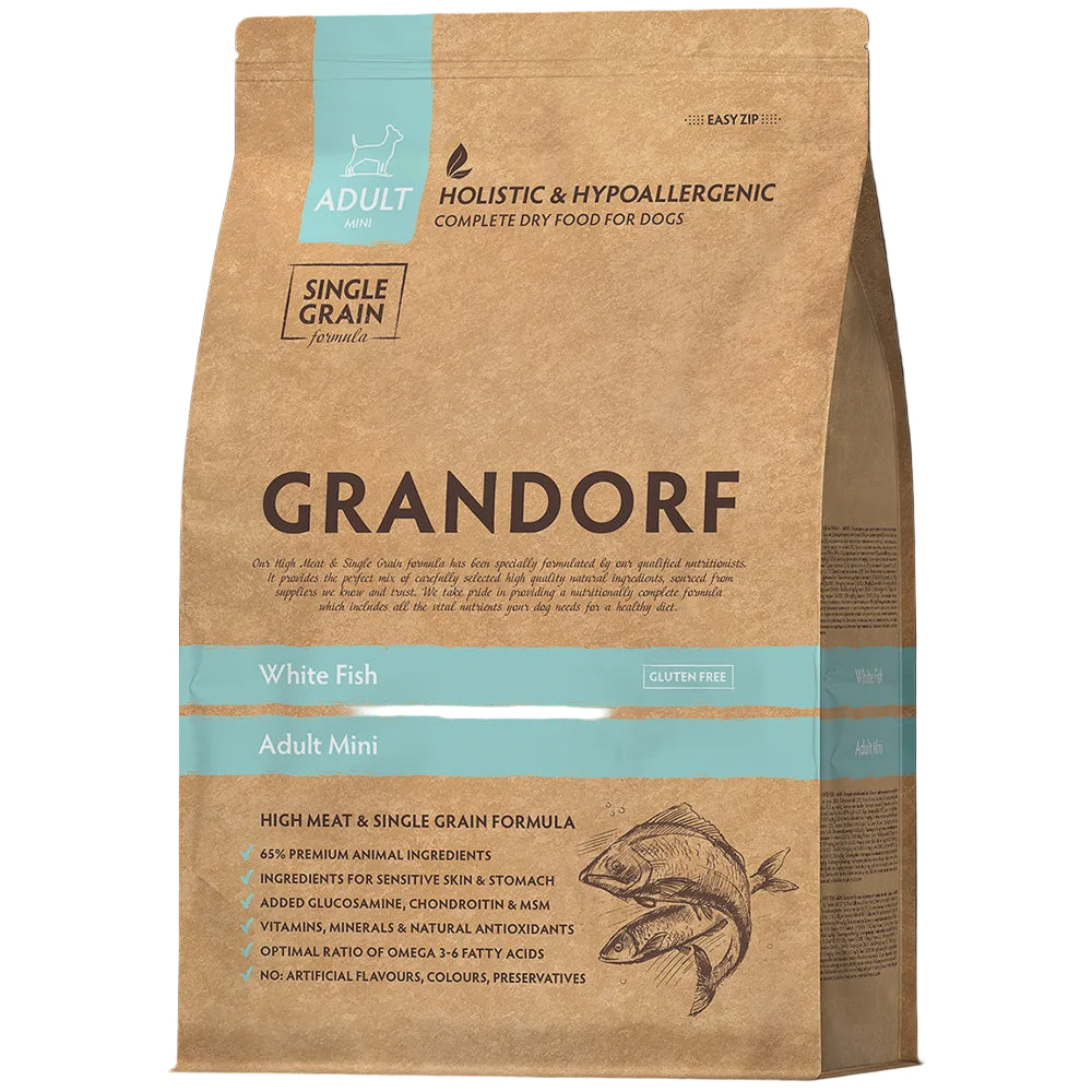 Grandorf white fish dry dog food for adult mini breeds in a 3 kg bag, nutritious and suitable for small dogs.
