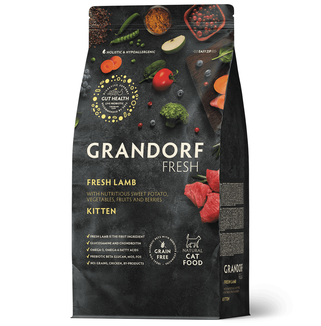 Grandorf Fresh Lamb kitten dry cat food in 2kg bag, natural premium cat food for kittens, high-quality lamb flavor.