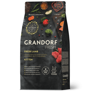 Grandorf Fresh Lamb kitten dry cat food in 2kg bag, natural premium cat food for kittens, high-quality lamb flavor.