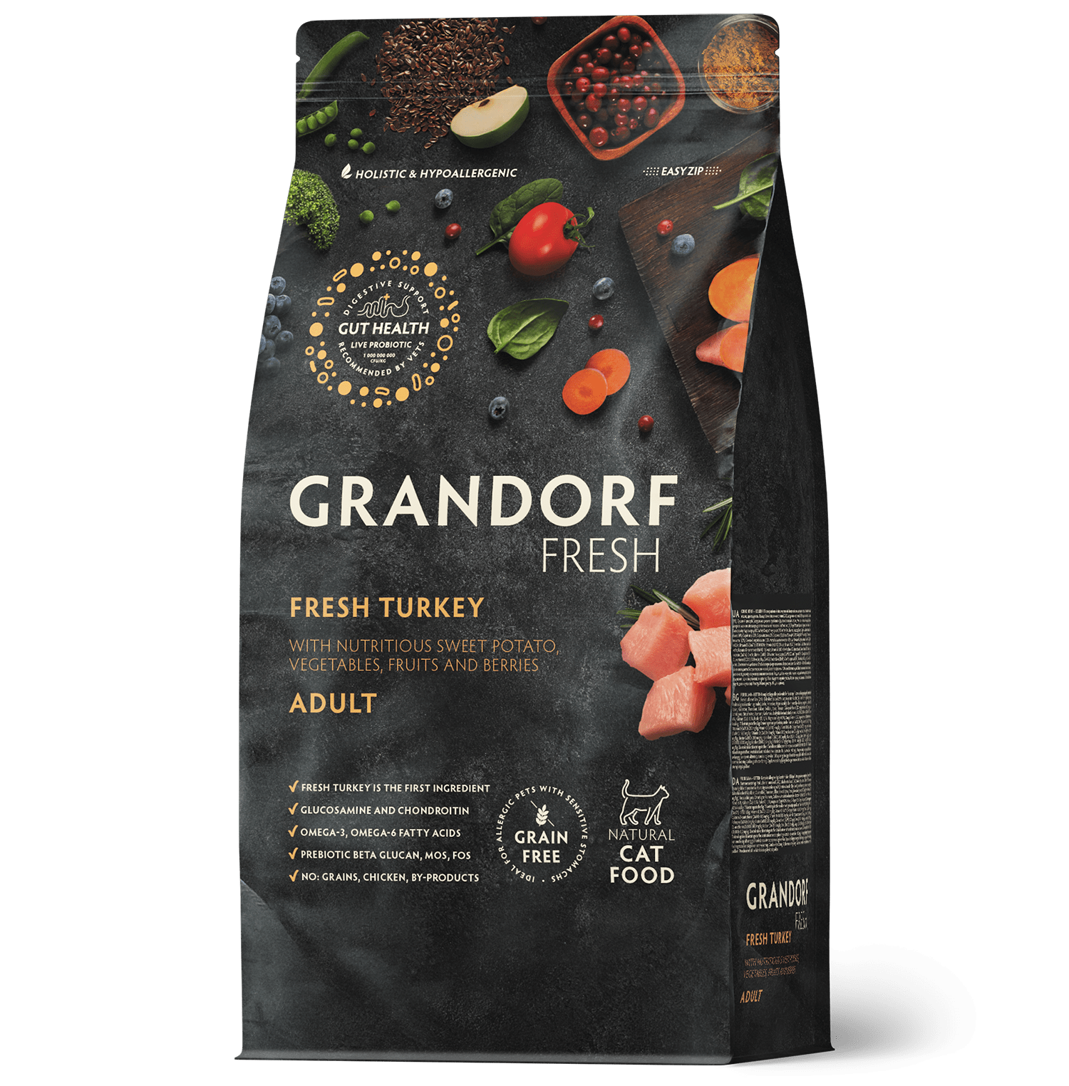Granorf Fresh adult cat food dry turkey formula in 2kg bag, showing the packaging and product details.
