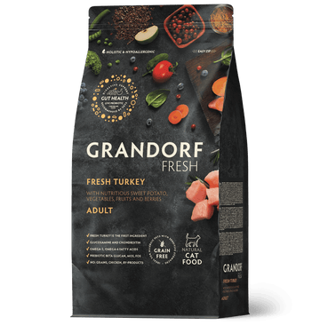 Granorf Fresh adult cat food dry turkey formula in 2kg bag, showing the packaging and product details.
