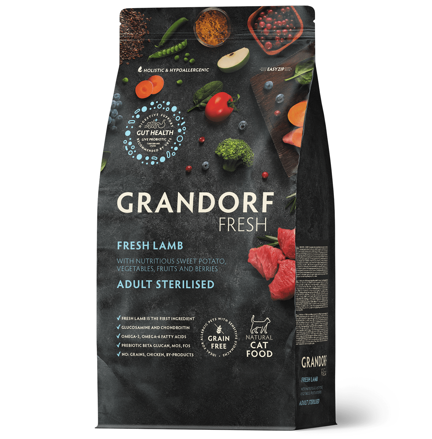 Dry cat food by Grandorf, Fresh Lamb flavor for adult sterilized cats, 2kg bag, natural and nourishing pet nutrition.