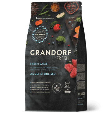 Dry cat food by Grandorf, Fresh Lamb flavor for adult sterilized cats, 2kg bag, natural and nourishing pet nutrition.
