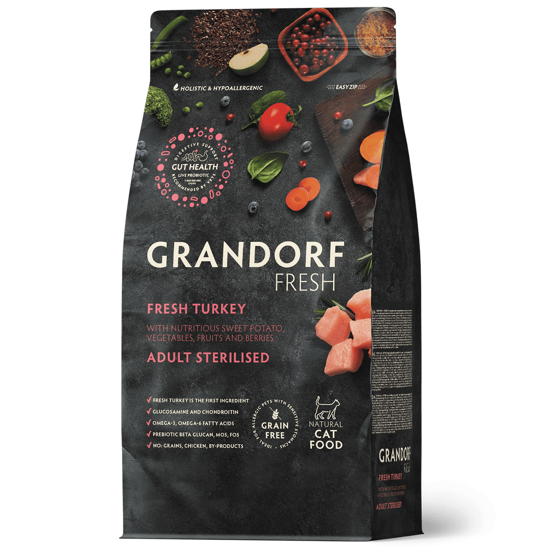 Bag of Grandorf Fresh adult sterilized cat food with fresh turkey, 2kg dry cat food for adult cats.