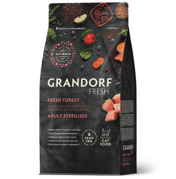 Bag of Grandorf Fresh adult sterilized cat food with fresh turkey, 2kg dry cat food for adult cats.