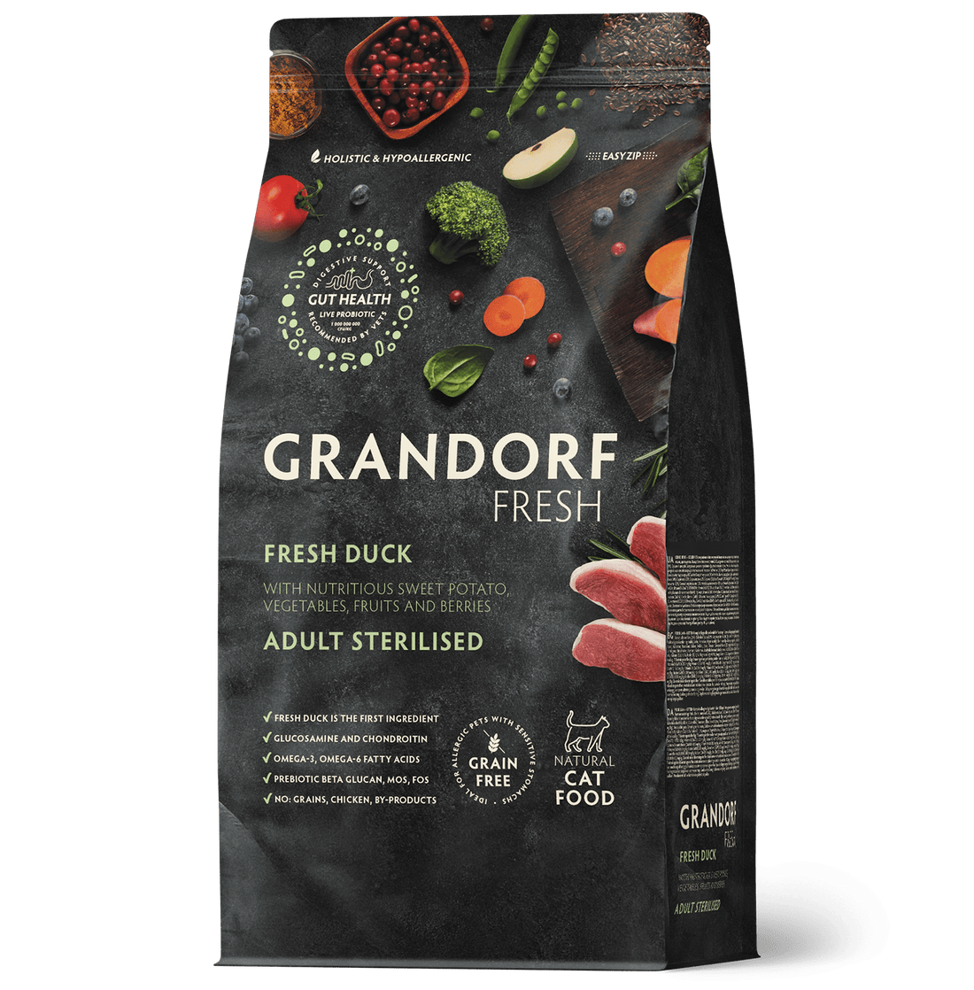 Grandorf Fresh Duck adult sterilized cat food dry food 2kg, featuring fresh duck flavor for cats' health and vitality