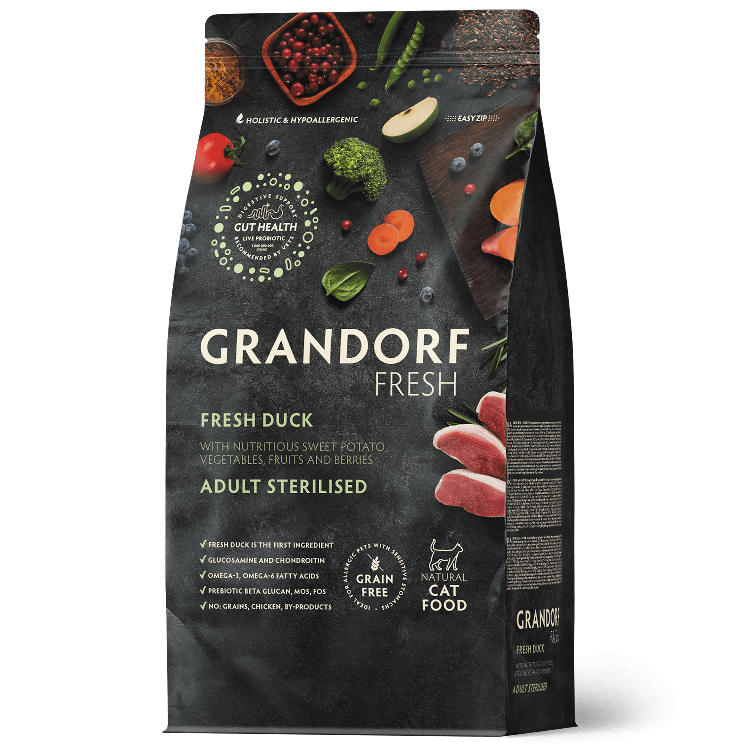 Grandorf Fresh Duck adult sterilized cat food dry food 2kg, featuring fresh duck flavor for cats' health and vitality