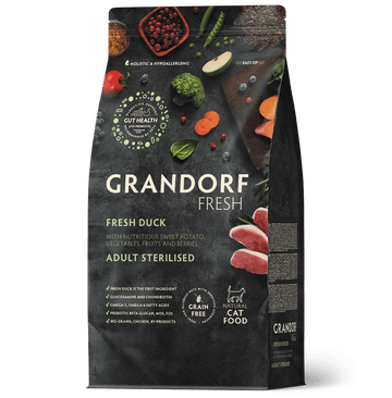 Grandorf Fresh Duck adult sterilized cat food dry food 2kg, featuring fresh duck flavor for cats' health and vitality