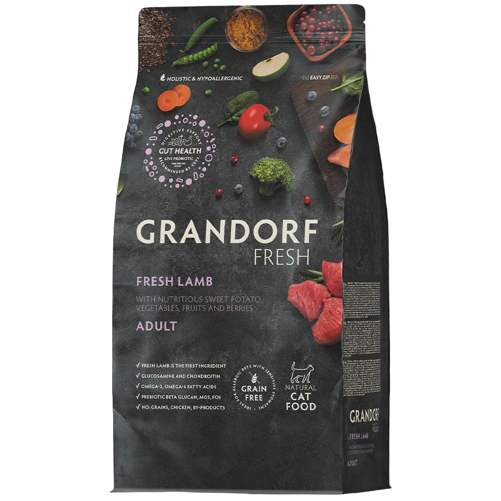 Grandorf Fresh Cat Dry Food for Adults, large 2kg bag with fresh lamb flavor, suitable for adult cats.