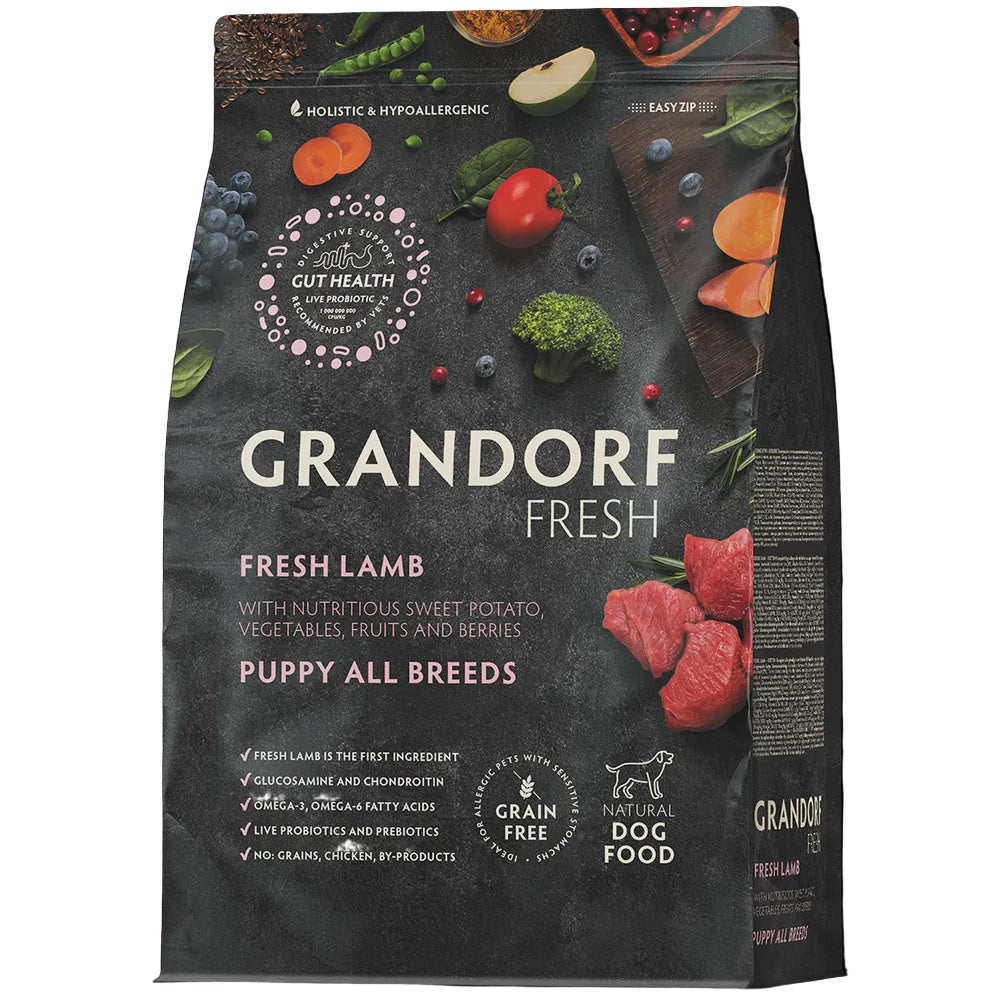 Grandorf Fresh Lamb dog dry food for puppies, 10 kg, natural all-breeds dog food with fresh lamb flavor.