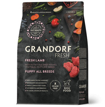 Bag of Grandorf Fresh Lamb Puppy Dog Food for all breeds, 3kg, dry food for puppies with fresh lamb flavor.