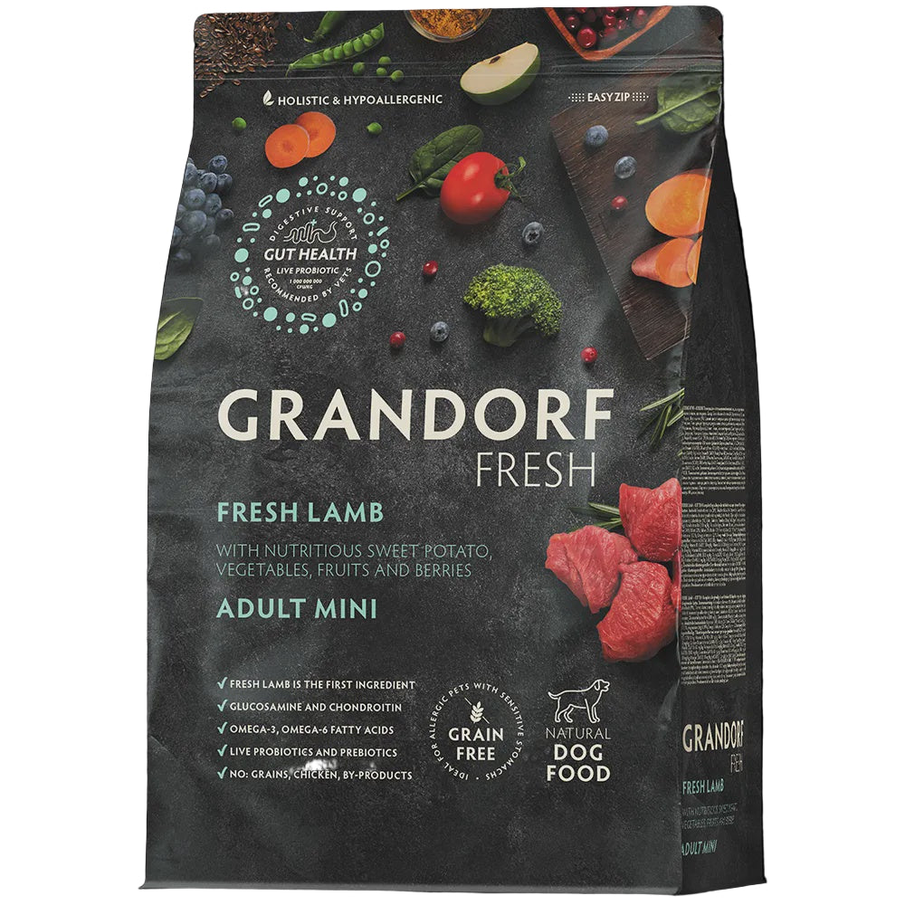 Dry dog food by Grandorf Fresh Lamb for adult mini breeds, 1 kg, featuring fresh lamb and high-quality ingredients.