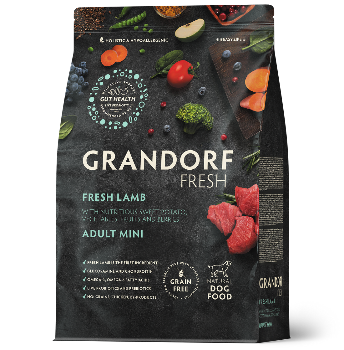 Grandorf Fresh Lamb dry dog food for adult mini breeds in a 3kg bag, featuring high-quality fresh lamb ingredients.