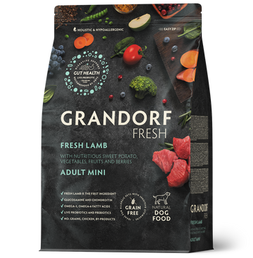 Grandorf Fresh Lamb dry dog food for adult mini breeds in a 3kg bag, featuring high-quality fresh lamb ingredients.