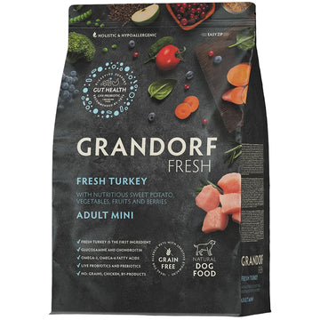 Bag of Grandorf Fresh dog dry food with fresh turkey for adult mini breed dogs, 3 kg, shown with natural packaging and branding.