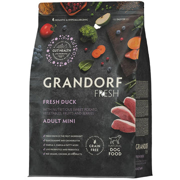 Fresh duck dog food for adult mini breeds by Grandorf, 1 kg bag, natural dry food for small adult dogs.