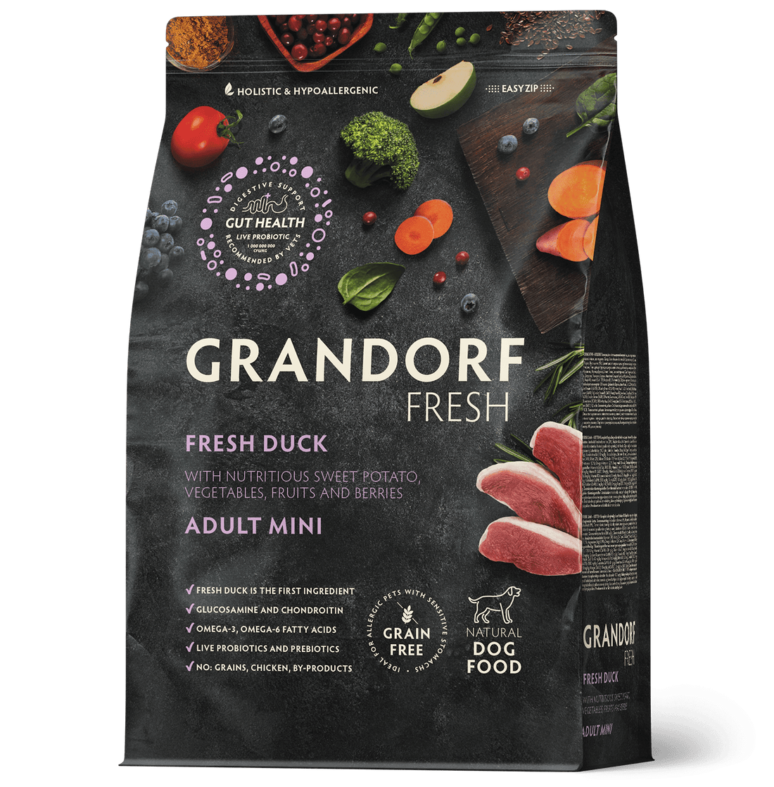 Dry dog food by Grandorf, Fresh Duck flavor for adult mini breed dogs, 3kg bag, high-quality nutritious pet meal.