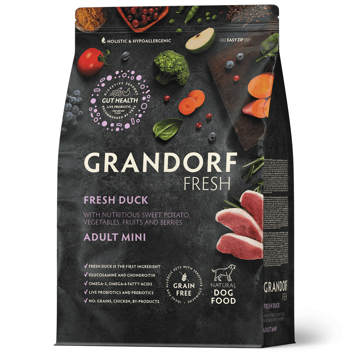 Dry dog food by Grandorf, Fresh Duck flavor for adult mini breed dogs, 3kg bag, high-quality nutritious pet meal.